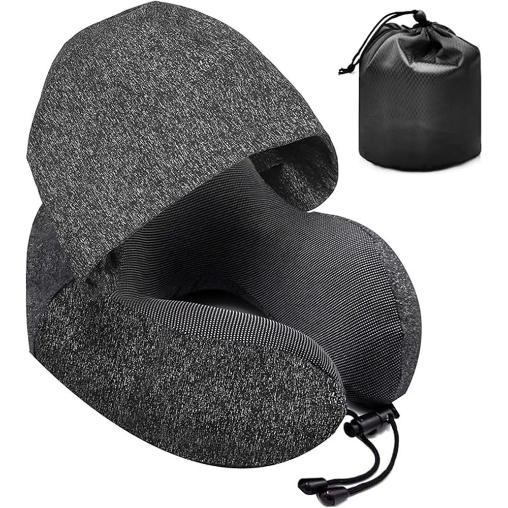 Neck Pillow for Travel, Memory Foam Pillow with Hood, Portable Airplane Neck Support Pillow for Adults