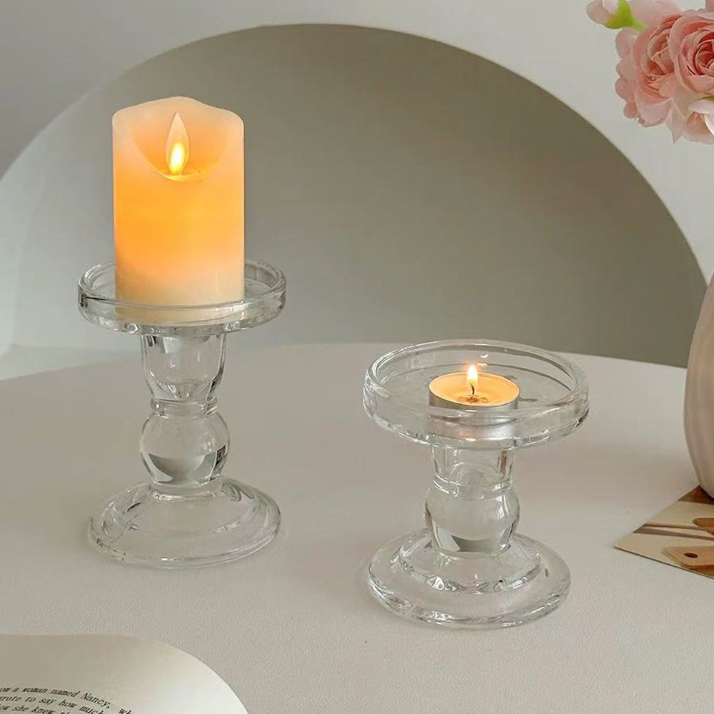 Clear Glass Candlestick Holders Set of 3 for Taper, Pillar, and Tealight Candles