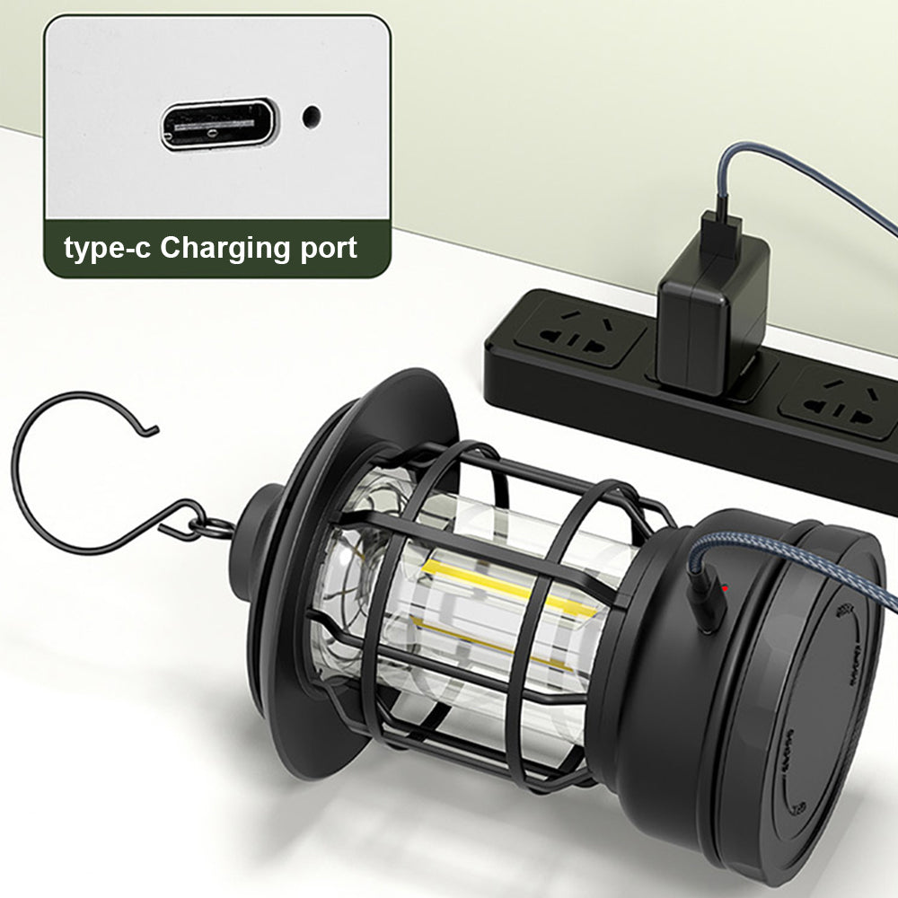 فانوس تخييم ريترو قابل لإعادة الشحن ومقاوم للماء وضوء خيمة معلق