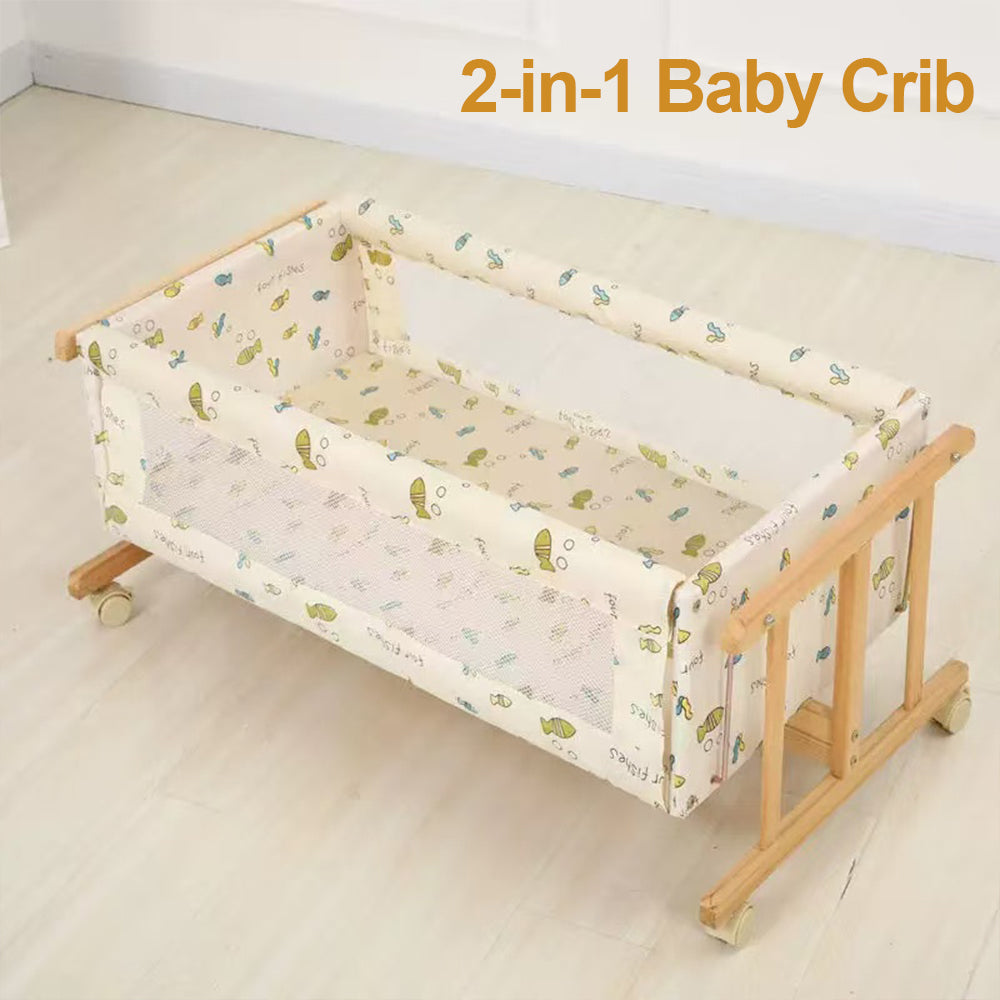 2-in-1 Baby Crib Compact Bassinet, Solid Wood Bedside Sleeper with Wheels &amp; Rocking Function (Light Yellow)