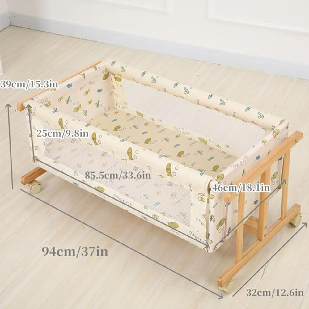 2-in-1 Baby Crib Compact Bassinet, Solid Wood Bedside Sleeper with Wheels &amp; Rocking Function (Light Yellow)