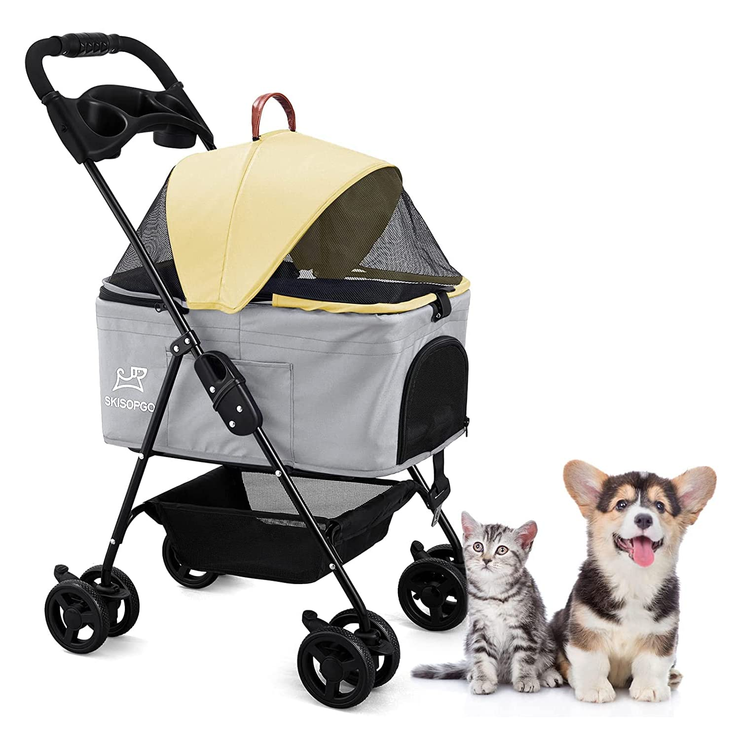 Foldable Pet Strollers Grey Yellow