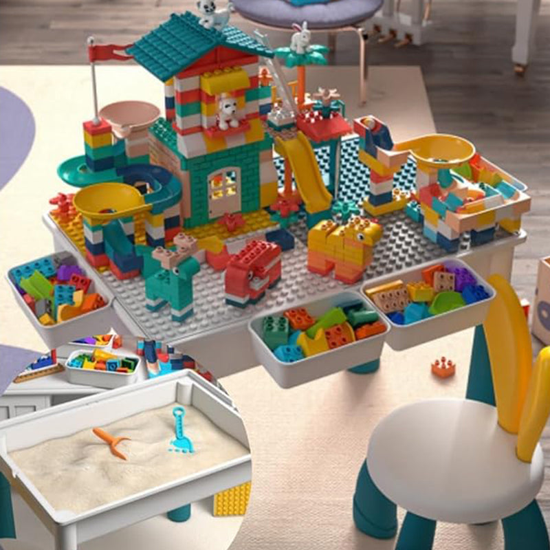 Complete building block set for kids with double-sided table and comfortable chair