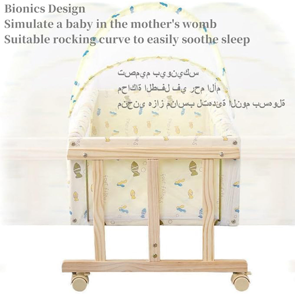 2-in-1 Baby Crib Compact Bassinet, Solid Wood Bedside Sleeper with Wheels &amp; Rocking Function (Light Yellow)