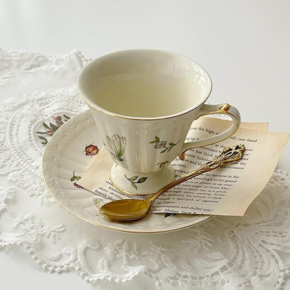 Retro Ceramic Espresso Cup with Saucer Set, Hand-crafted 8.5Oz White Ceramic Cup with Handle