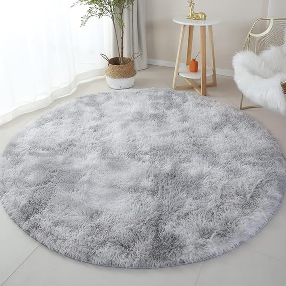 Tie-Dyed Light Gray Round Rug, Ultra-Soft Plush Fluffy Circular Area Rug, Non-Slip High-Pile Rug for Bedrooms and Nursery