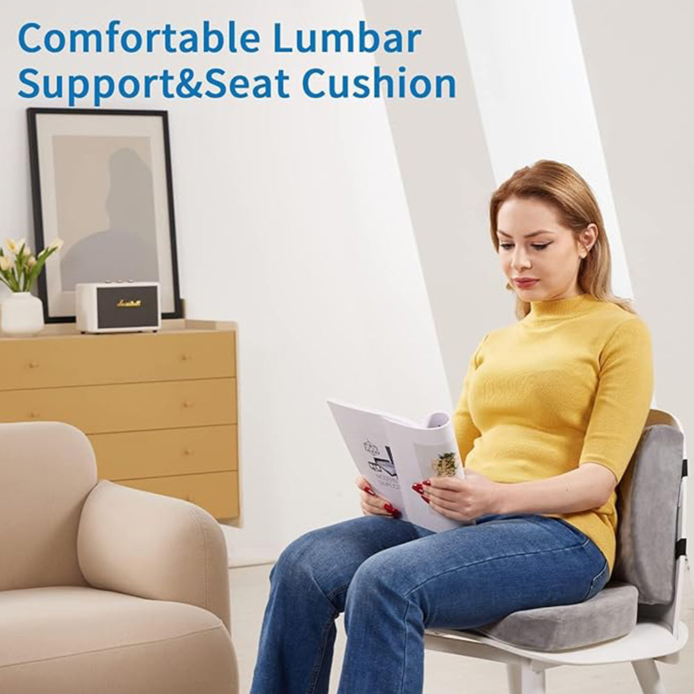 Memory Foam Seat Cushion & Lumbar Support Pillow Combo for Office Chairs (Grey)