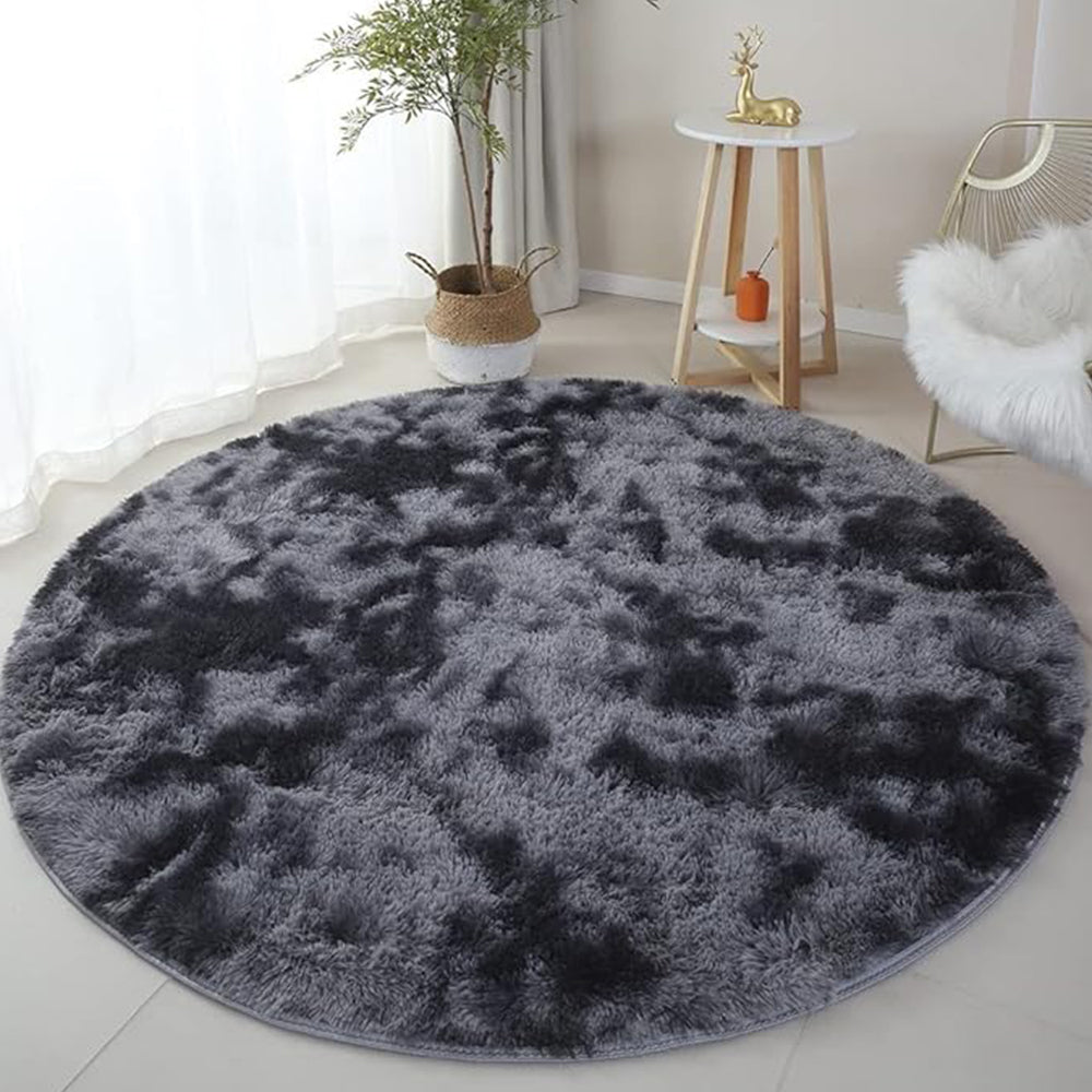 Tie-Dyed Light Gray Round Rug, Ultra-Soft Plush Fluffy Circular Area Rug, Non-Slip High-Pile Rug for Bedrooms and Nursery