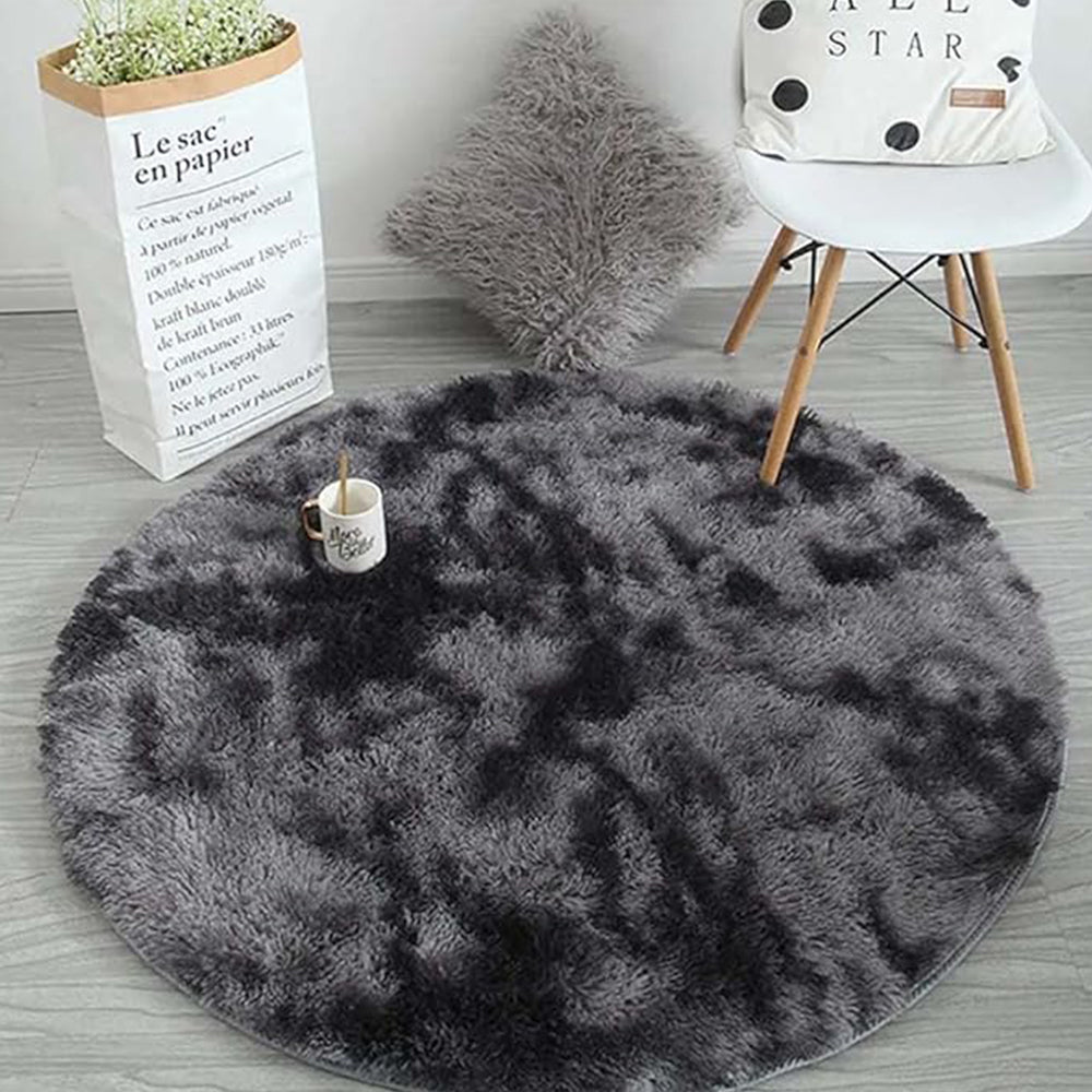 Tie-Dyed Light Gray Round Rug, Ultra-Soft Plush Fluffy Circular Area Rug, Non-Slip High-Pile Rug for Bedrooms and Nursery