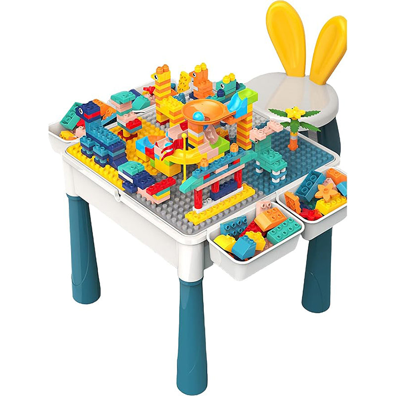 Complete building block set for kids with double-sided table and comfortable chair