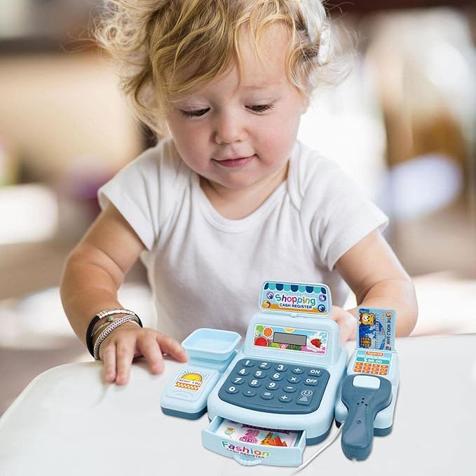 Interactive Kids Cash Register Toy, Pretend Play Shopping Till with Lights, Sounds, and Accessories for Role Play Education