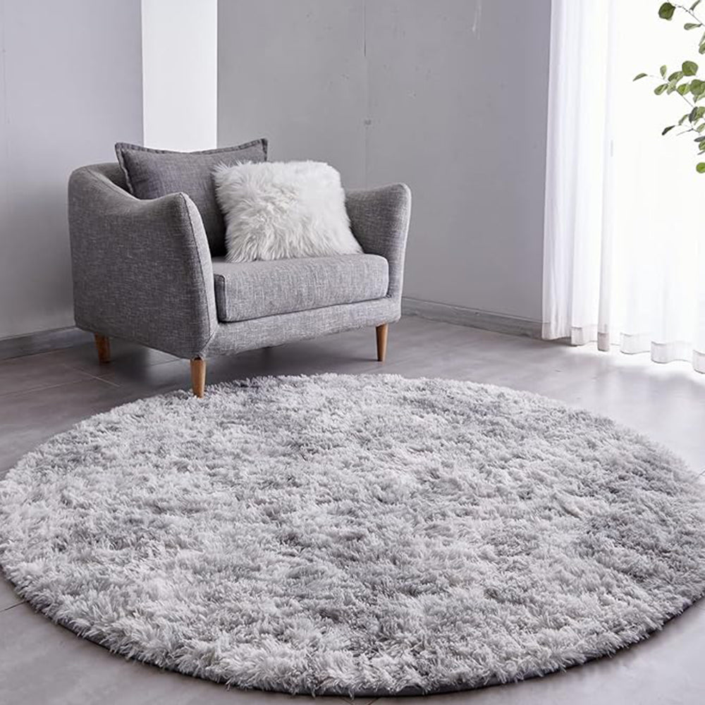 Tie-Dyed Light Gray Round Rug, Ultra-Soft Plush Fluffy Circular Area Rug, Non-Slip High-Pile Rug for Bedrooms and Nursery