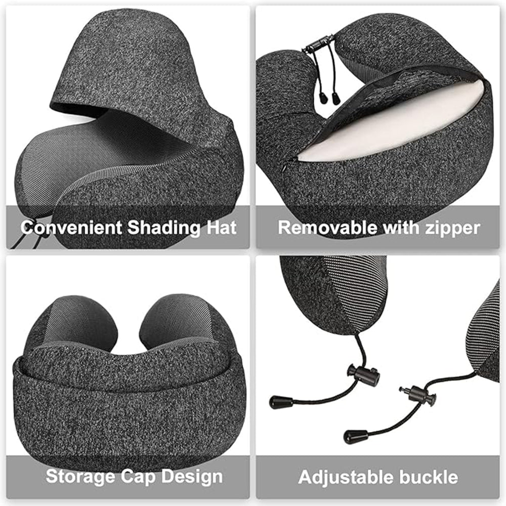 Neck Pillow for Travel, Memory Foam Pillow with Hood, Portable Airplane Neck Support Pillow for Adults