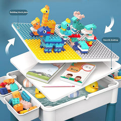 Complete building block set for kids with double-sided table and comfortable chair