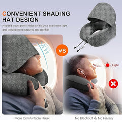 Neck Pillow for Travel, Memory Foam Pillow with Hood, Portable Airplane Neck Support Pillow for Adults