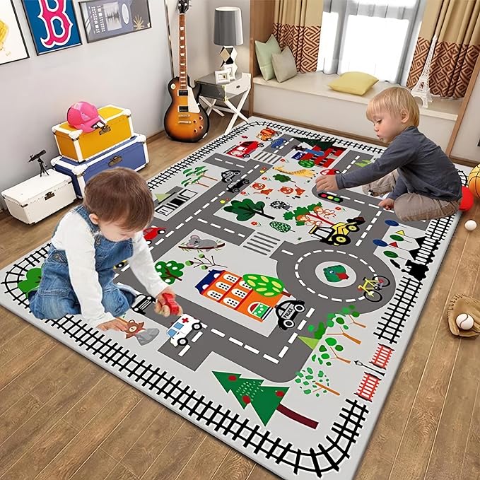 Children's Carpet Sports Mat with Road Traffic Design, 80x120cm Play Mat for Cars and Trains, Ideal for Educational and Fun Activities