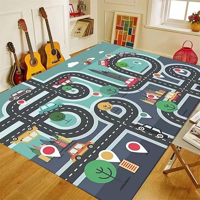 Children's Carpet Sports Mat with Road Traffic Design, 80x120cm Play Mat for Cars and Trains, Ideal for Educational and Fun Activities