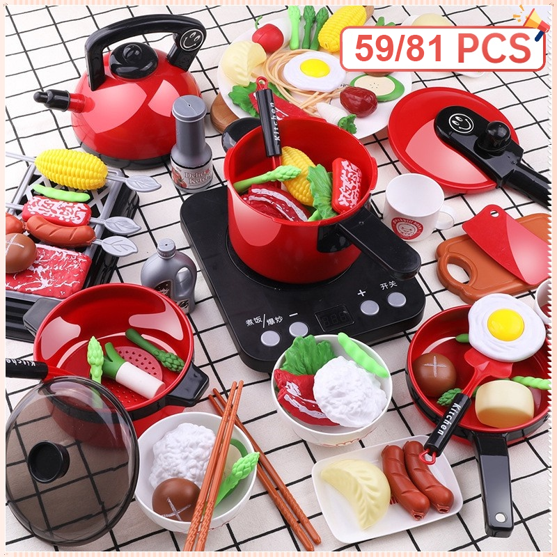 59/81pcs Kids Kitchen Pretend Play Toy Set - Cooking Toys with Pots, Pans, Grill, and Play Food for Toddlers, Boys, and Girls